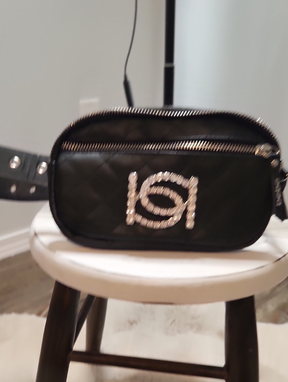 Bebe Black Quilted Crossbody with Rhinestone Logo